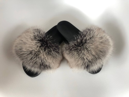 Slides slippers with natural fox fur - silver